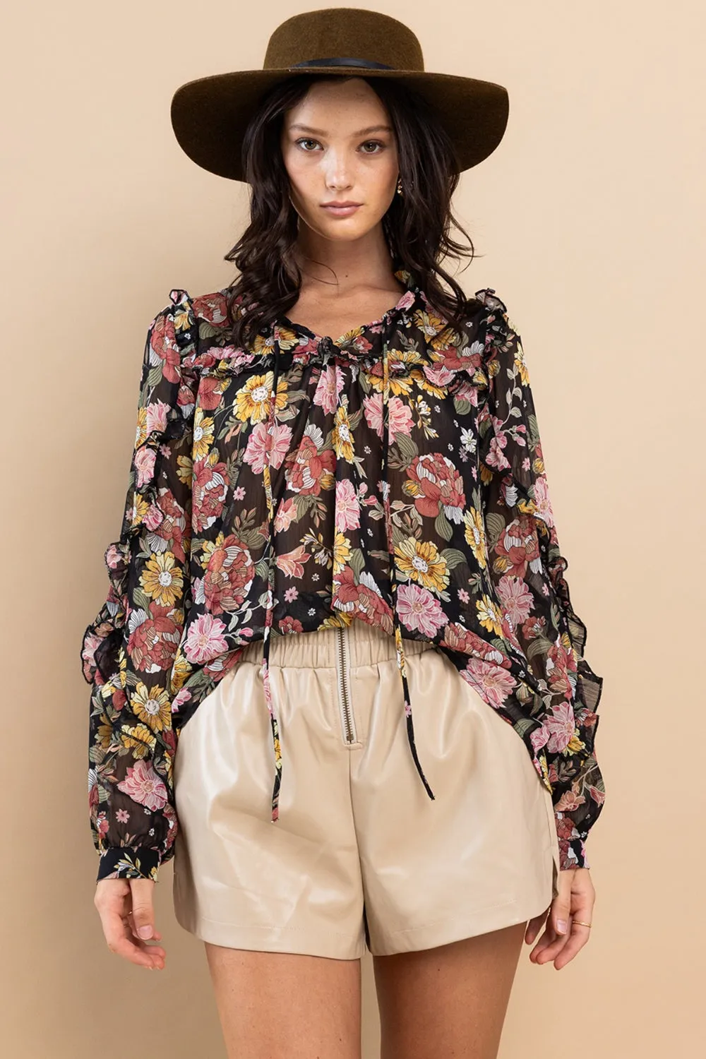 Bohemian Feminine Blouse Ces Femme Ruffle Trim Long Sleeve Floral Shirt