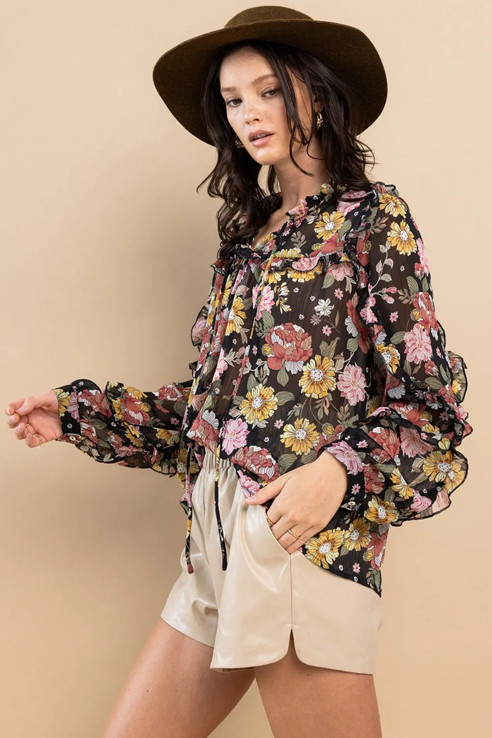 Bohemian Feminine Blouse Ces Femme Ruffle Trim Long Sleeve Floral Shirt