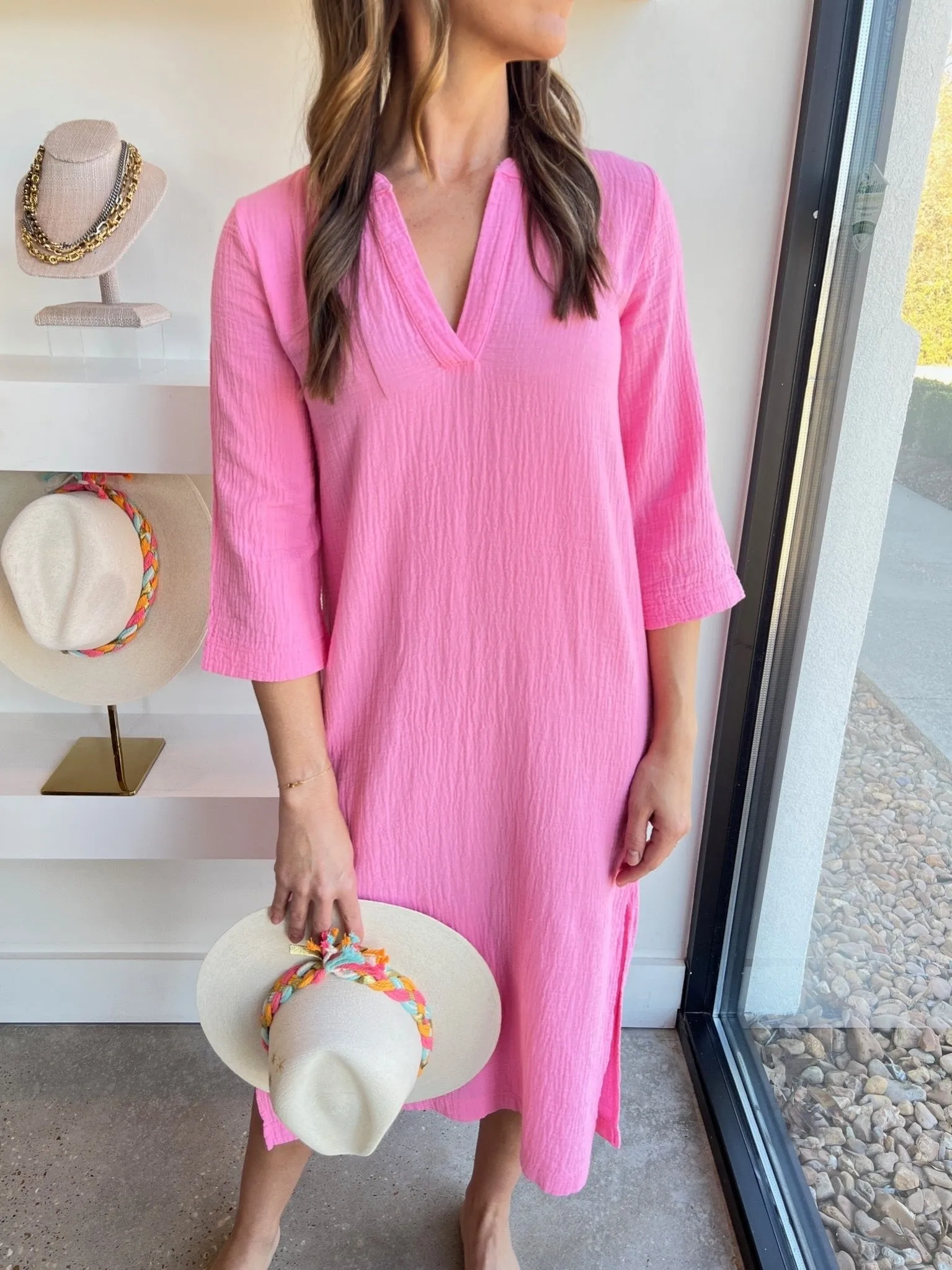 Bright Pink Raw Edge 3/4 Sleeve Midi Caftan