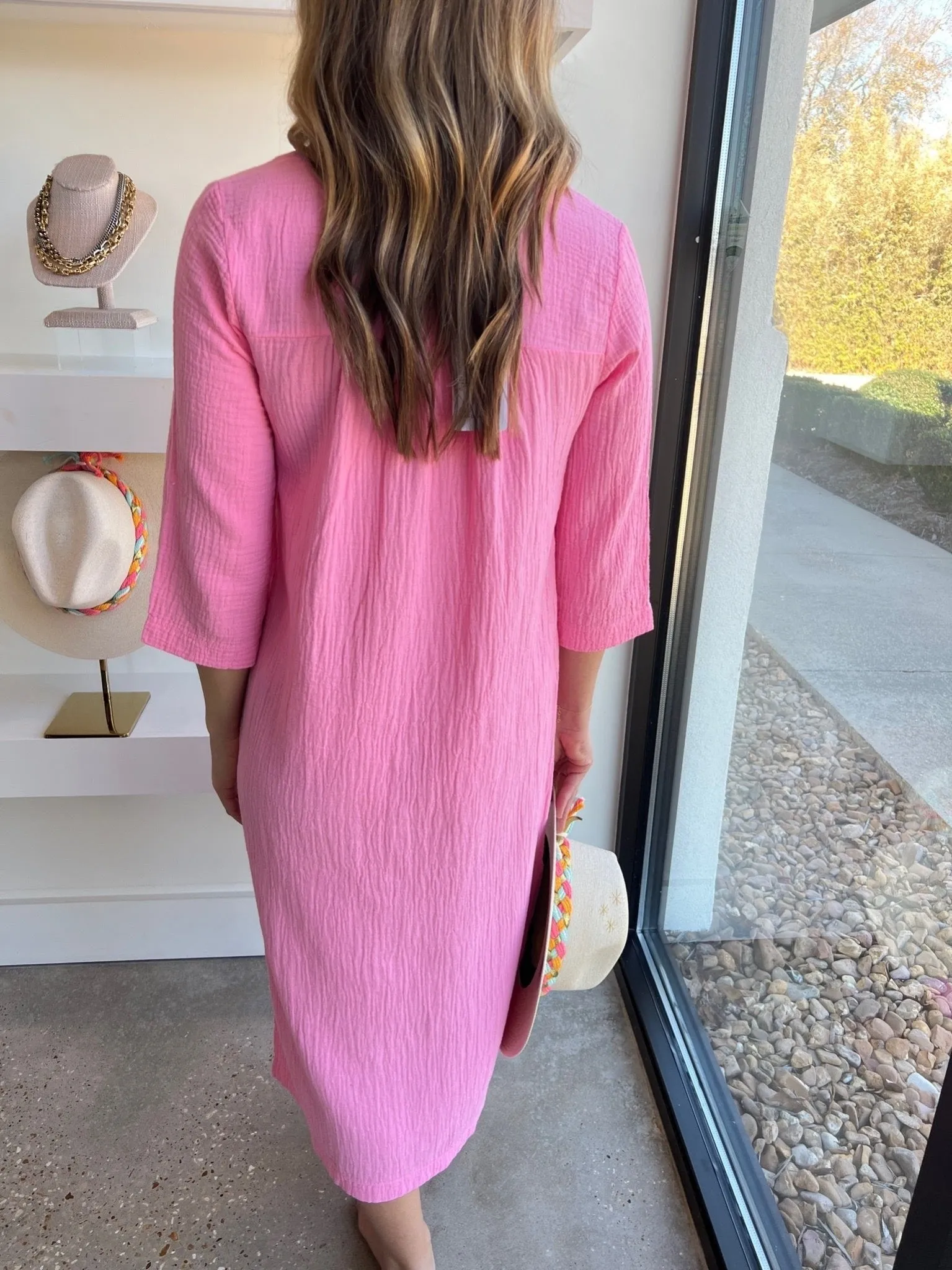 Bright Pink Raw Edge 3/4 Sleeve Midi Caftan