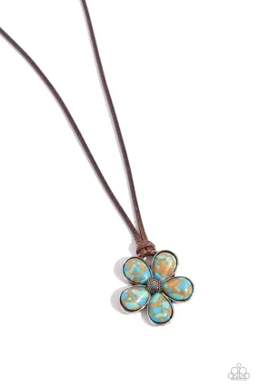 Budding Badlands Brown & Turquoise Blue Marbled Stone Flower Necklace - Paparazzi Accessories