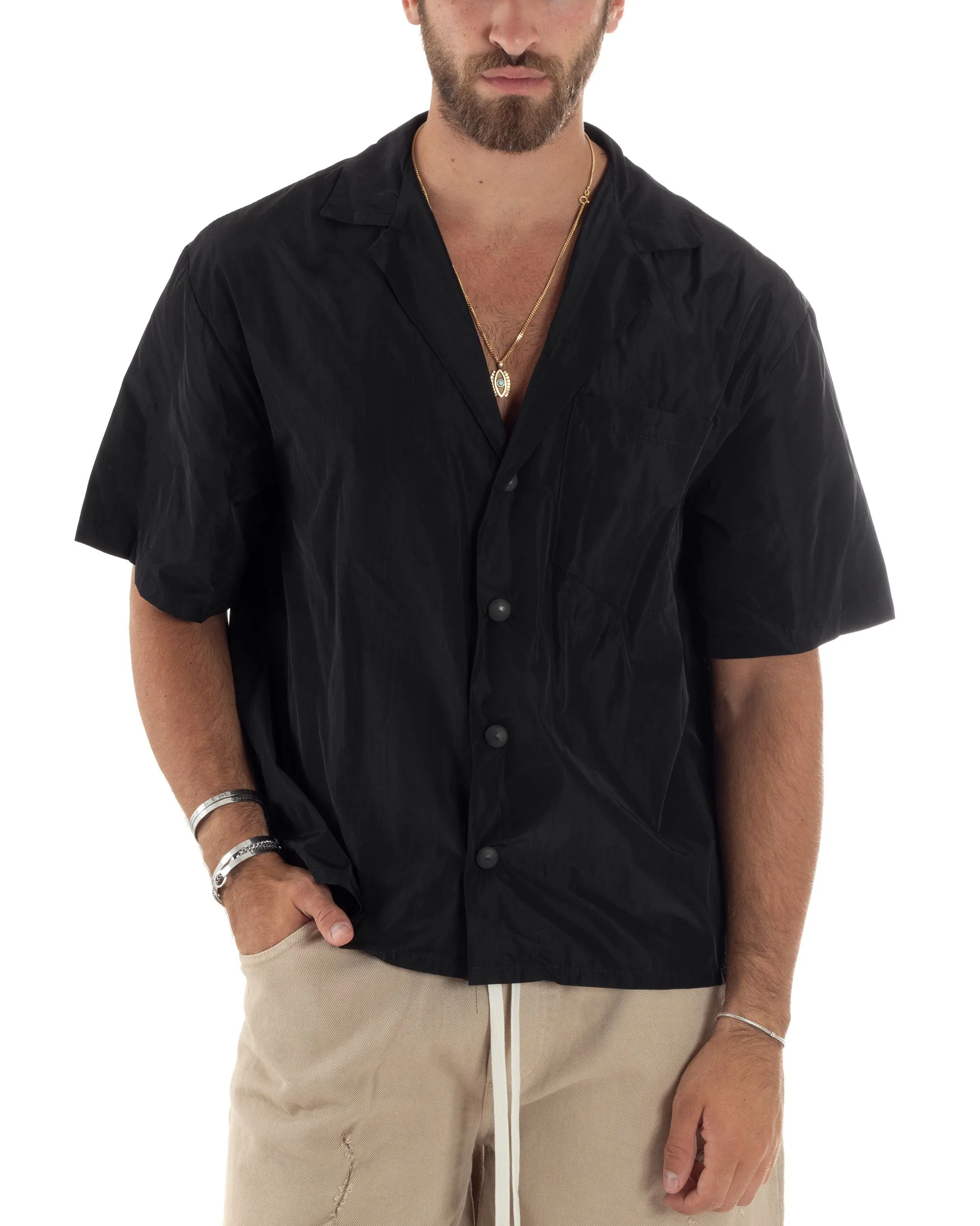 Camicia Uomo Mezze Maniche Nylon Casual Colletto Bowling Collo Con Revers Boxy Fit Tinta Unita Nero GIOSAL-CC1207A