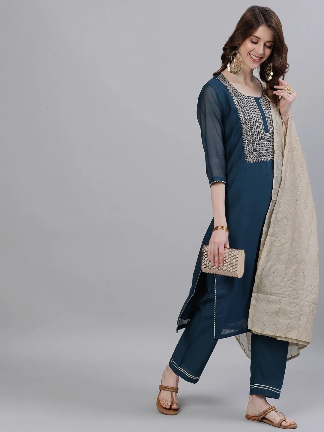 Chanderi Silk Teal Zari Embroidered Kurta Set