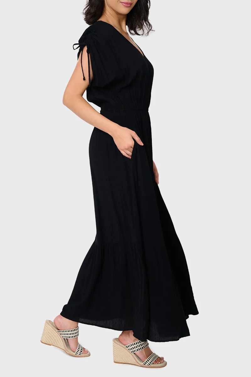 Cinch Sleeve V-Neck Maxi Dress