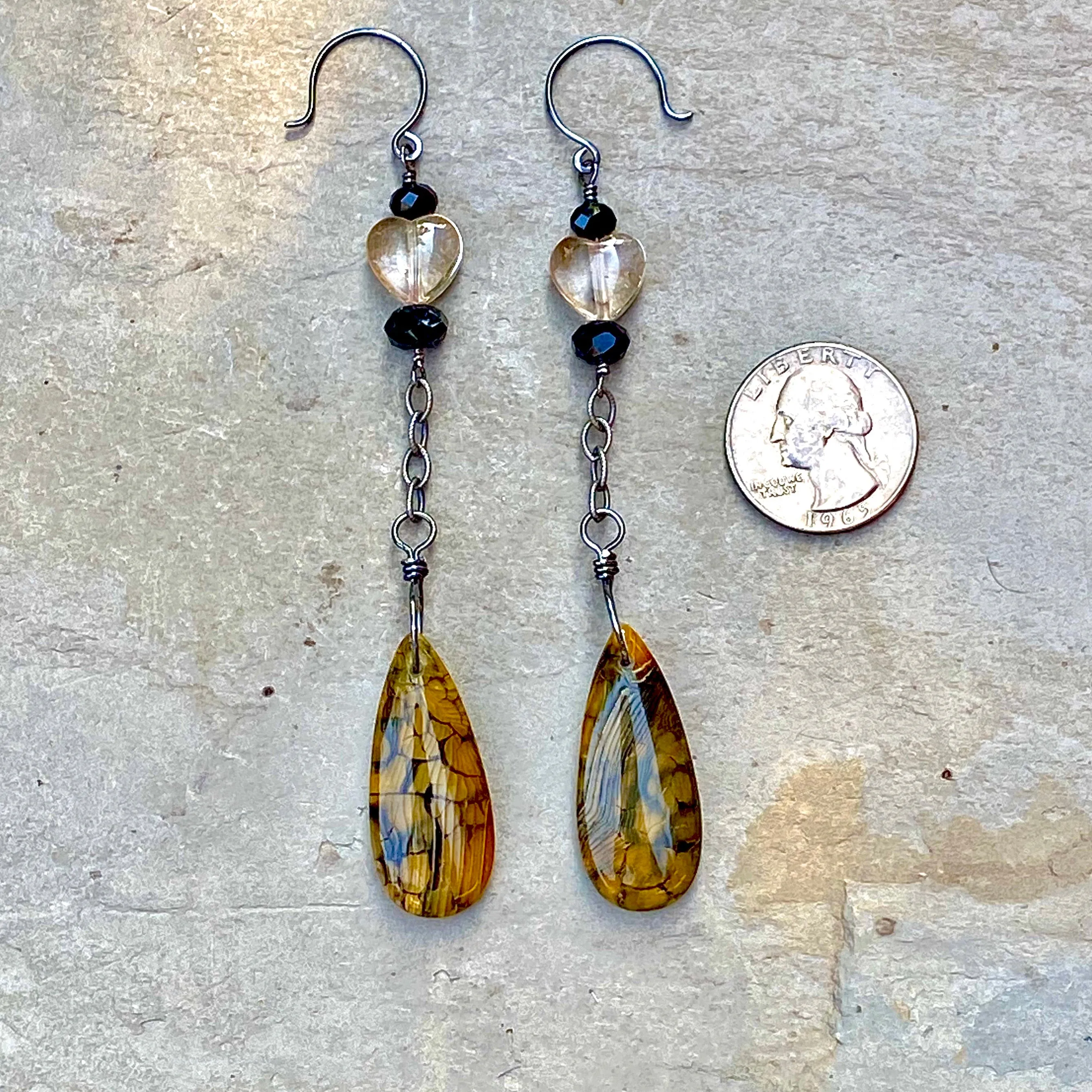 Citrine Hearts, Yellow Dragon’s Vein Agate, Black Spinel, and Oxidized Sterling Drop Earrings