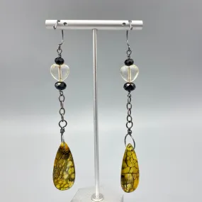 Citrine Hearts, Yellow Dragon’s Vein Agate, Black Spinel, and Oxidized Sterling Drop Earrings