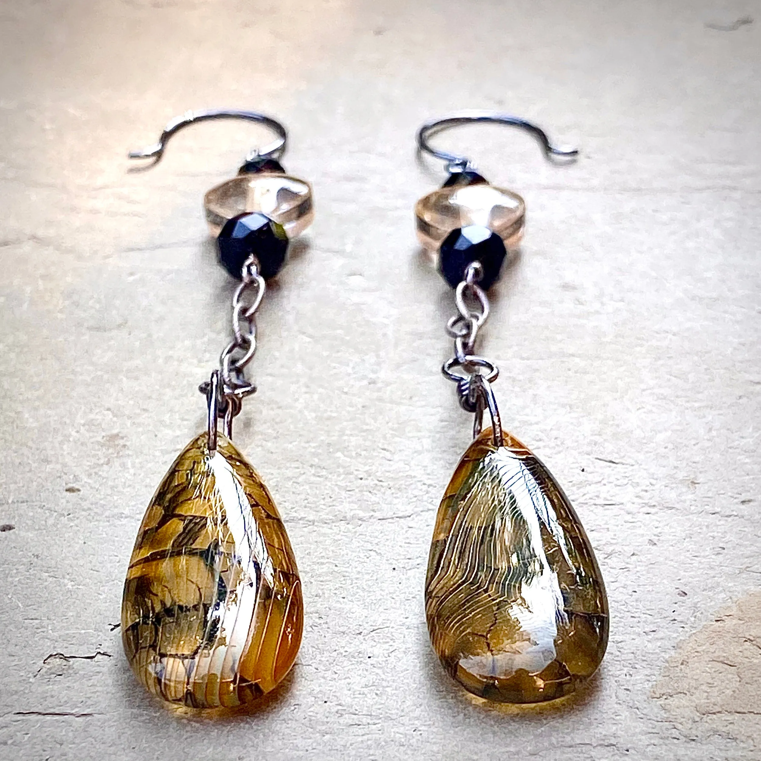 Citrine Hearts, Yellow Dragon’s Vein Agate, Black Spinel, and Oxidized Sterling Drop Earrings