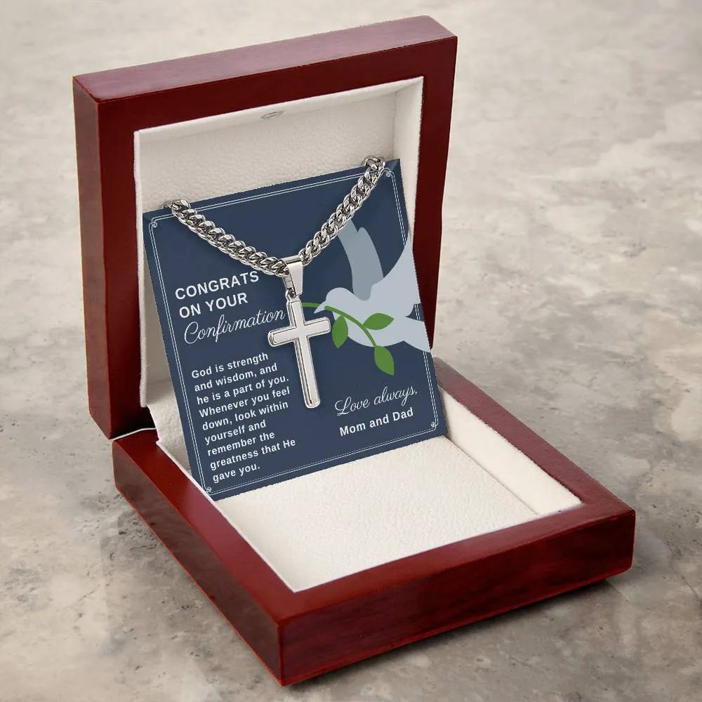 Confirmation Gift to Son from Mom and Dad, God is Strength and Wisdom Stainless Steel Men Cross Necklace on Cuban Chain