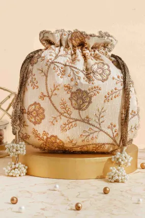 Cream embroidered scallop potli bag