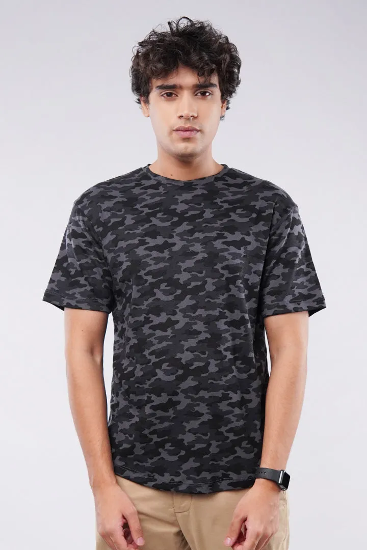 Curved Hem Camouflage T-Shirt - Black & Grey