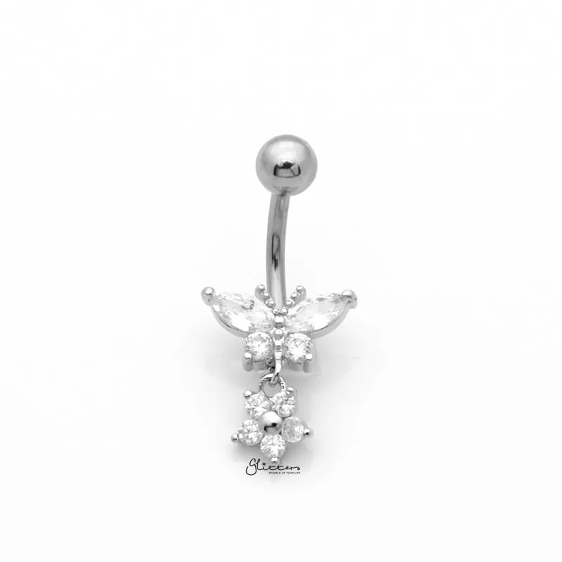 CZ Butterfly with Dangle Flower Belly Button Navel Ring - Silver