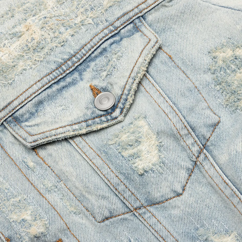 Destroyed Denim Jacket - Tan Denim Blue