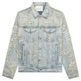 Destroyed Denim Jacket - Tan Denim Blue