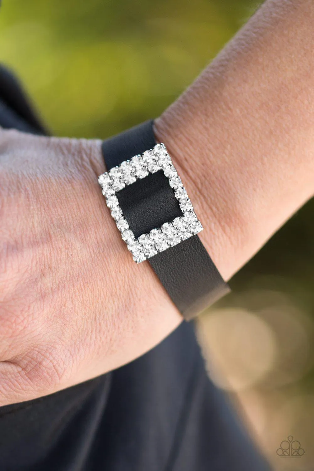 Diamond Diva Black Leather and White Rhinestone Wrap Snap Bracelet - Paparazzi Accessories