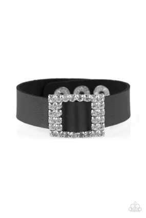 Diamond Diva Black Leather and White Rhinestone Wrap Snap Bracelet - Paparazzi Accessories