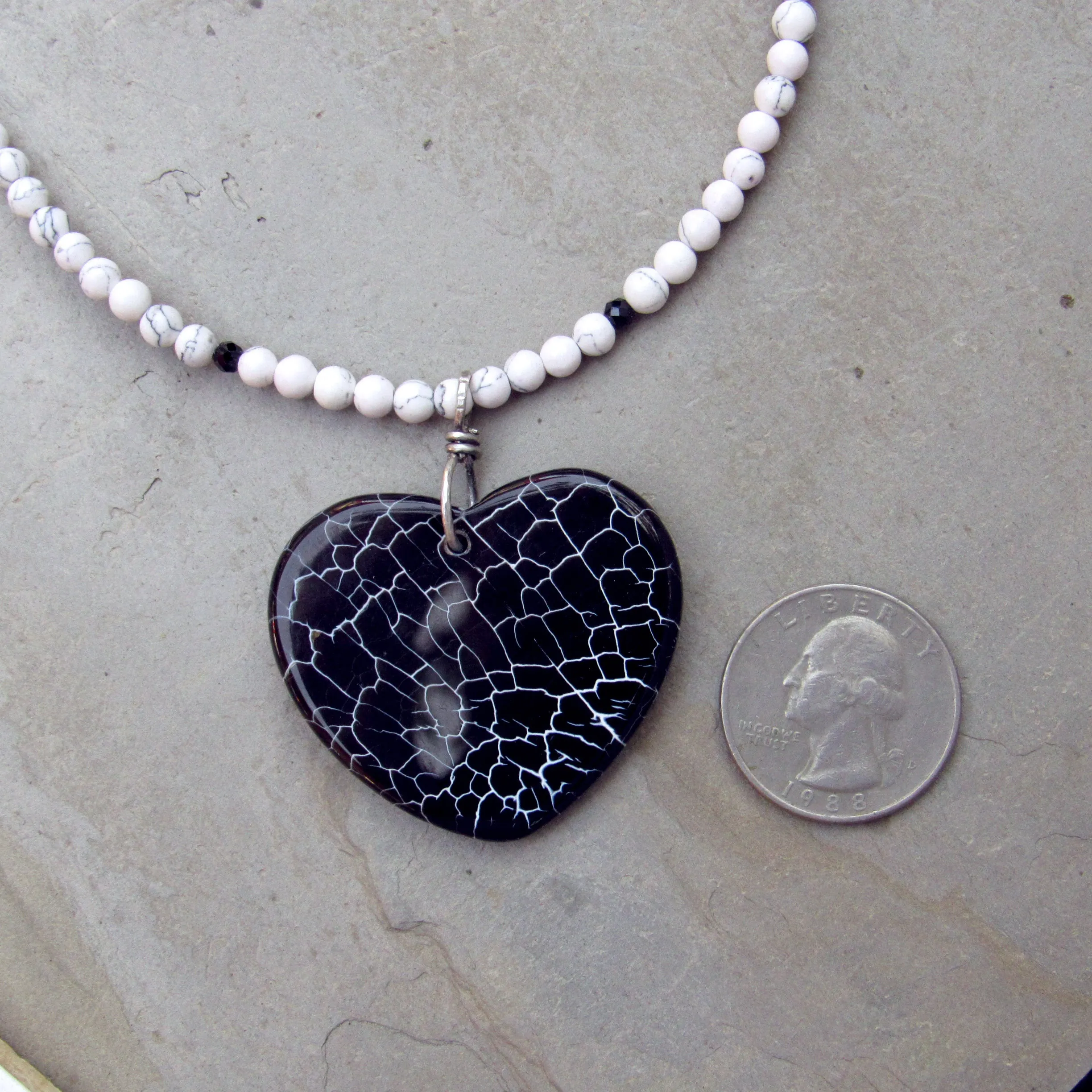 Dragon’s Vein Agate Heart on White Turquoise with Black Spinel and Sterling Silver