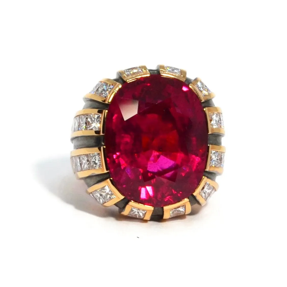 Eclat Jewels - One of a Kind Cocktail Ring with Rubellite and Diamonds, 18k Rose and Blackened Gold