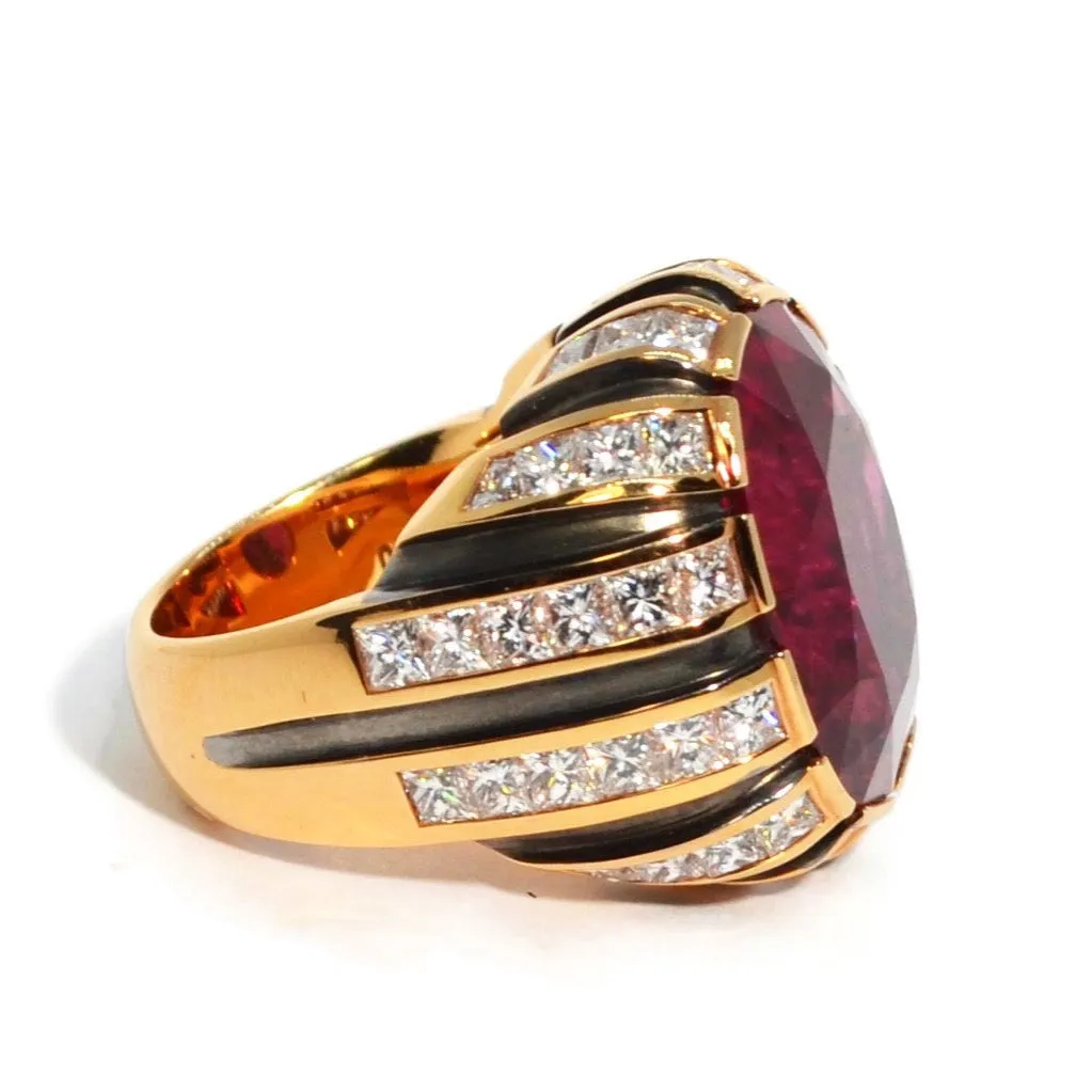 Eclat Jewels - One of a Kind Cocktail Ring with Rubellite and Diamonds, 18k Rose and Blackened Gold