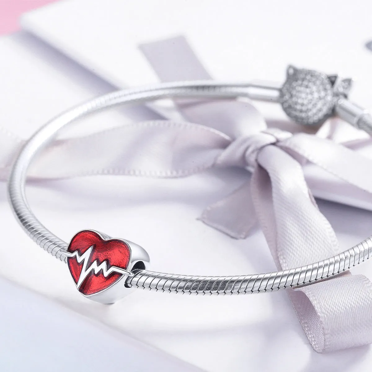 EKG Emergency Nurse Red Enamel Heart Charm 925 Sterling Silver