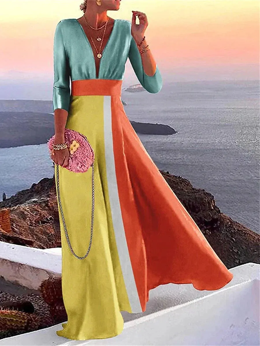 Elegant Color Block Patchwork V Neck Maxi Dress with 3/4 Sleeve