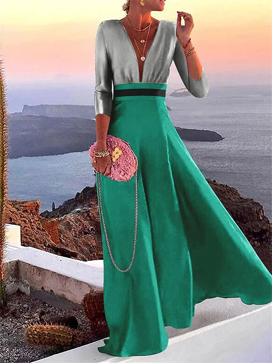 Elegant Color Block Patchwork V Neck Maxi Dress with 3/4 Sleeve