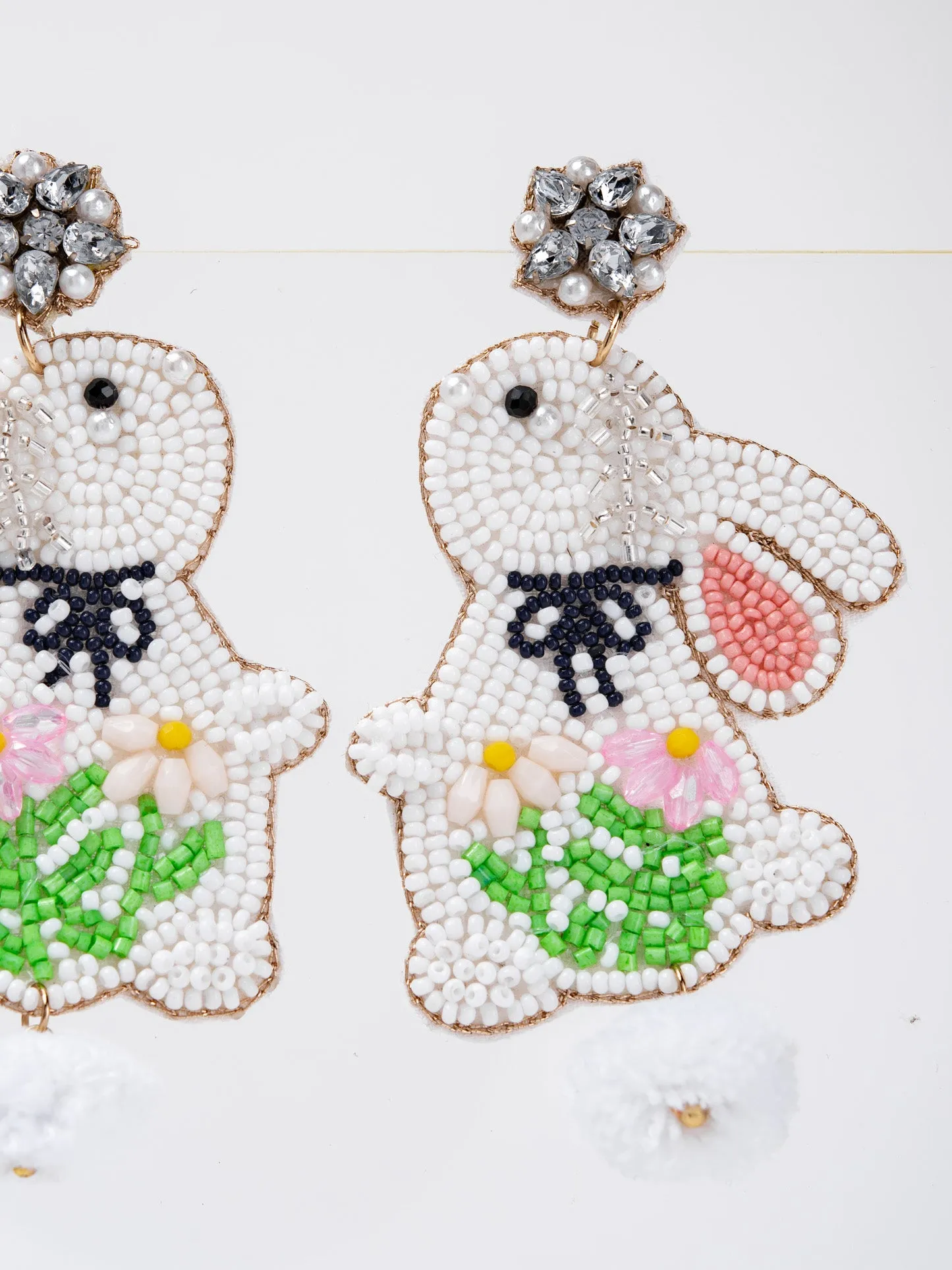 Emilia Cotton Ball Tail Easter Rabbit Beaded Earrings