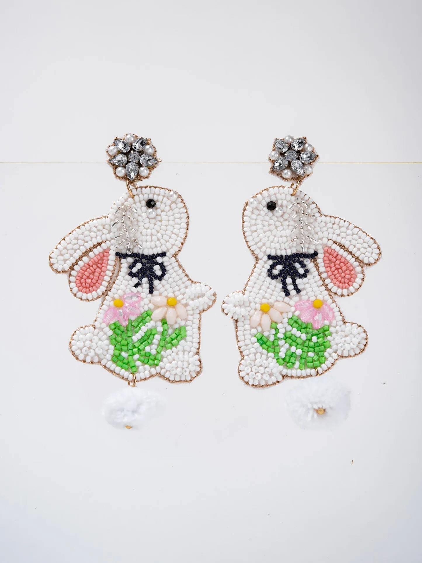 Emilia Cotton Ball Tail Easter Rabbit Beaded Earrings