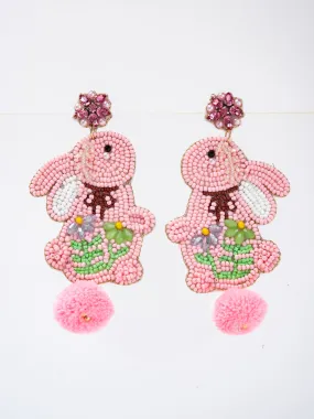 Emilia Cotton Ball Tail Easter Rabbit Beaded Earrings