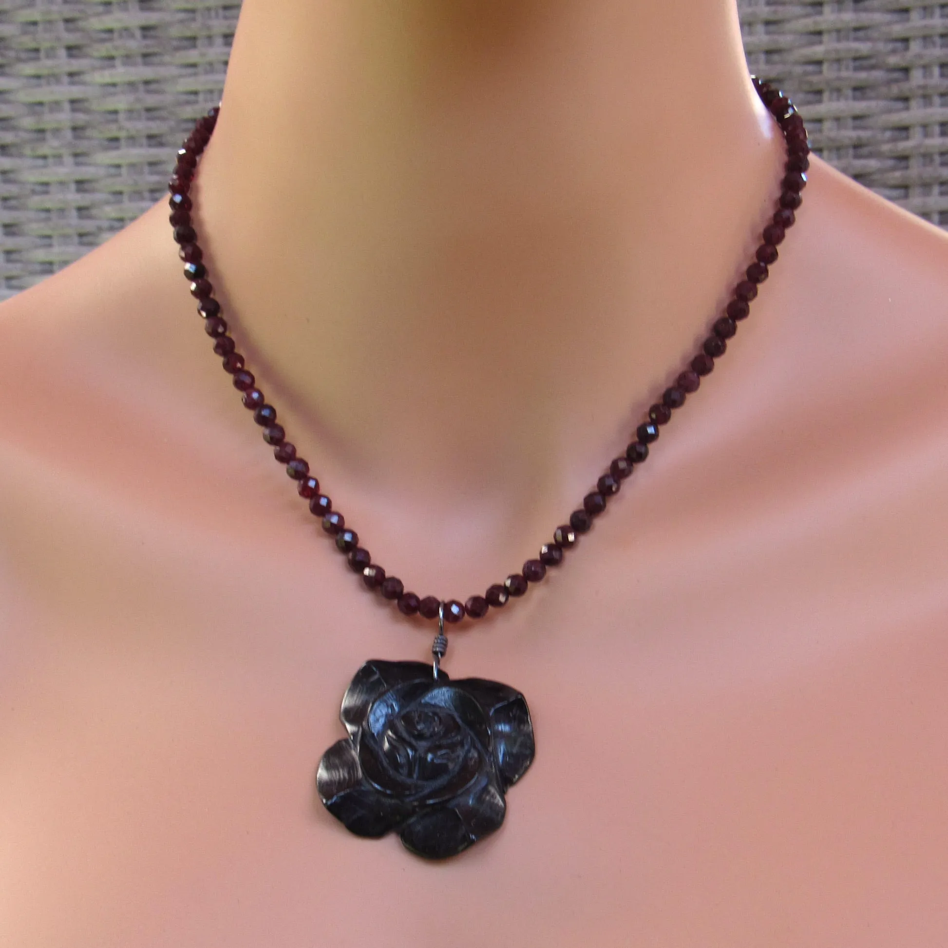 Faceted Garnets with Black Rose Jade Pendant and Oxidized Sterling Silver