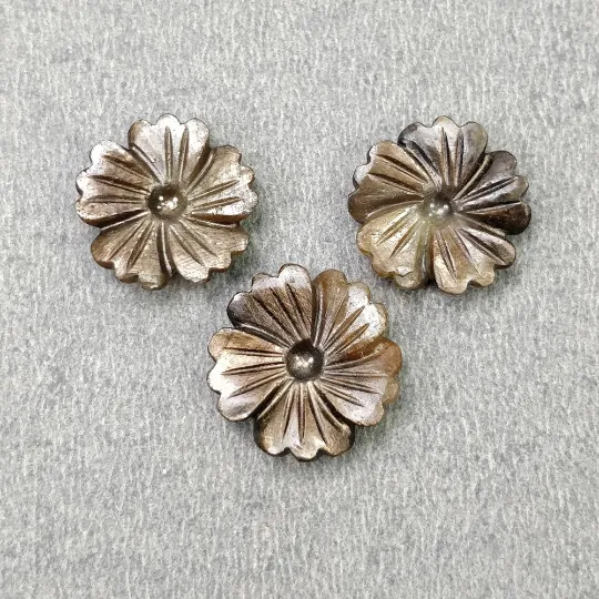 Golden Brown CHOCOLATE Sheen SAPPHIRE Gemstone Carving : 20.40cts Natural Untreated Sapphire Hand Carved FLOWER 14mm - 15mm 3pcs