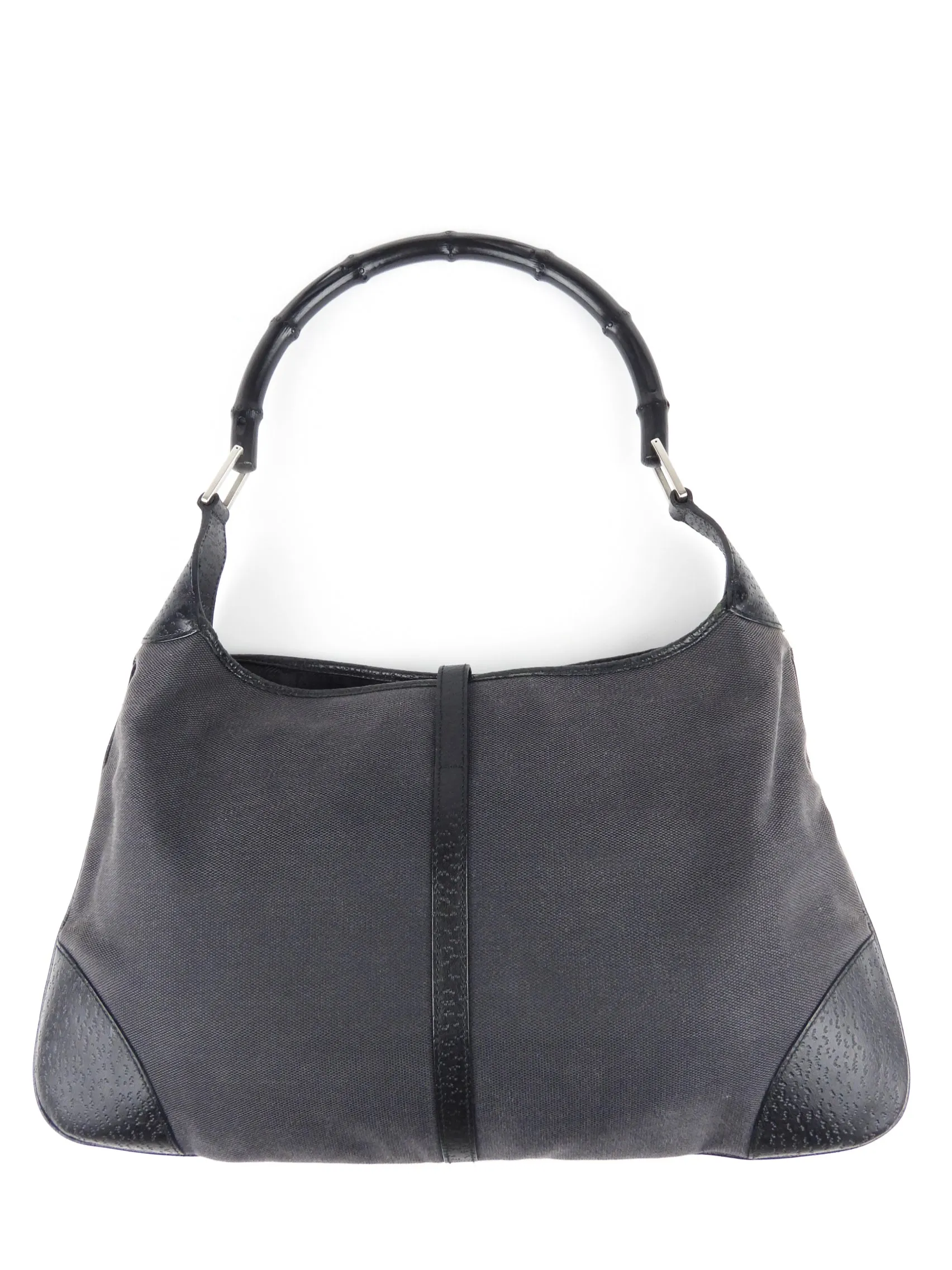 Gucci Vintage Grey Canvas and Black Leather Bamboo Hobo Shoulder Bag