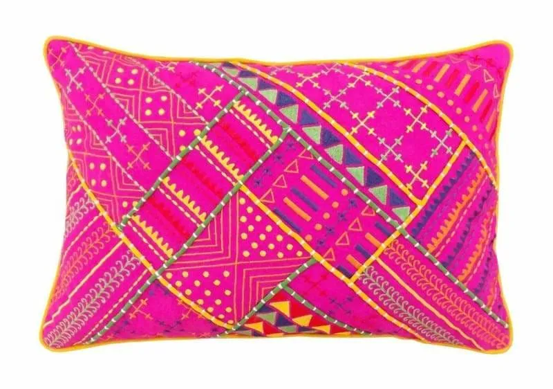 Hand Embroidered Tribal Pink Pillow 14 x 21 inches Welted Cotton