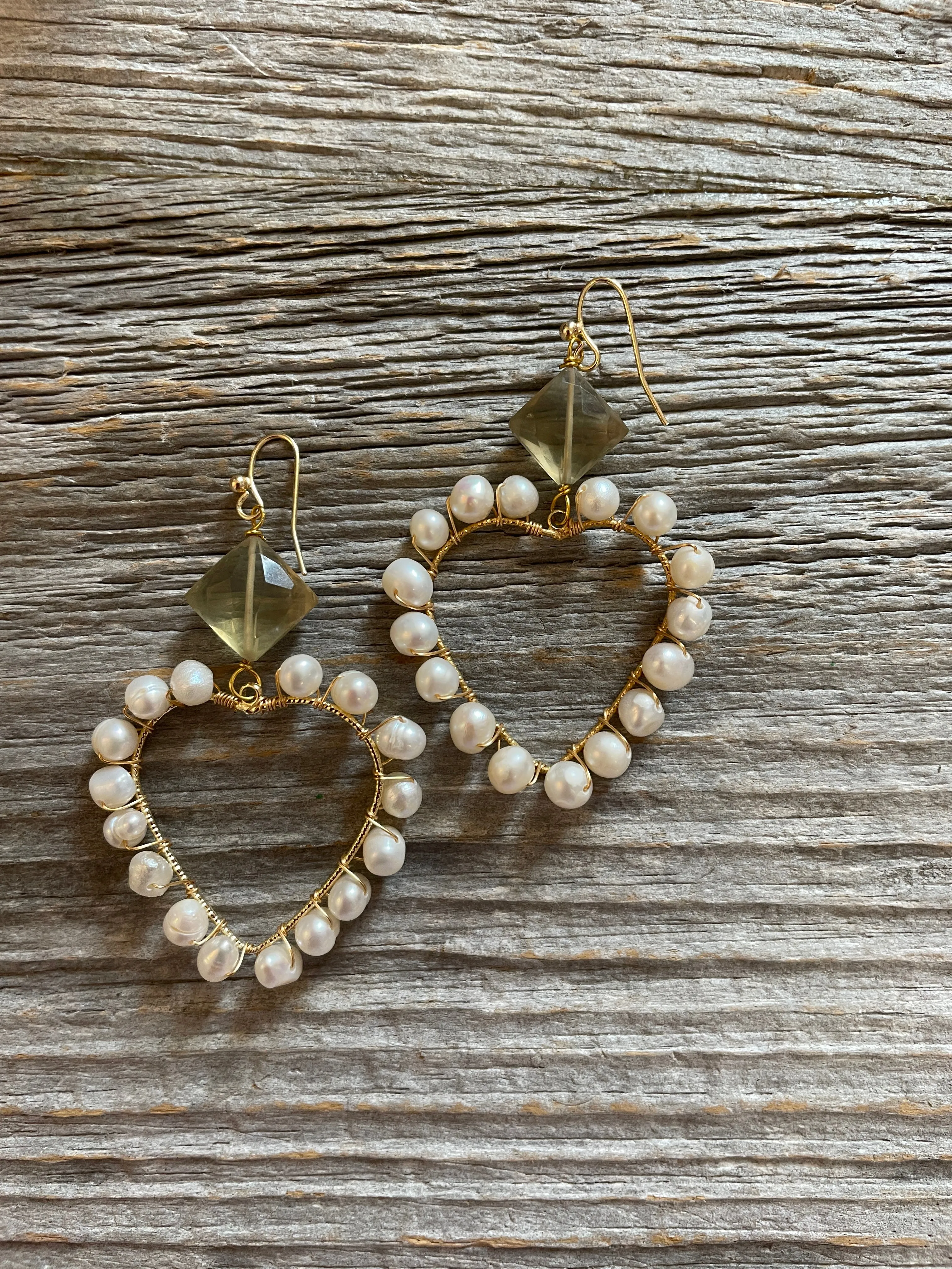 Handmade Gold drop heart Earrings with pearl detail with faceted semi precious lemon quartz