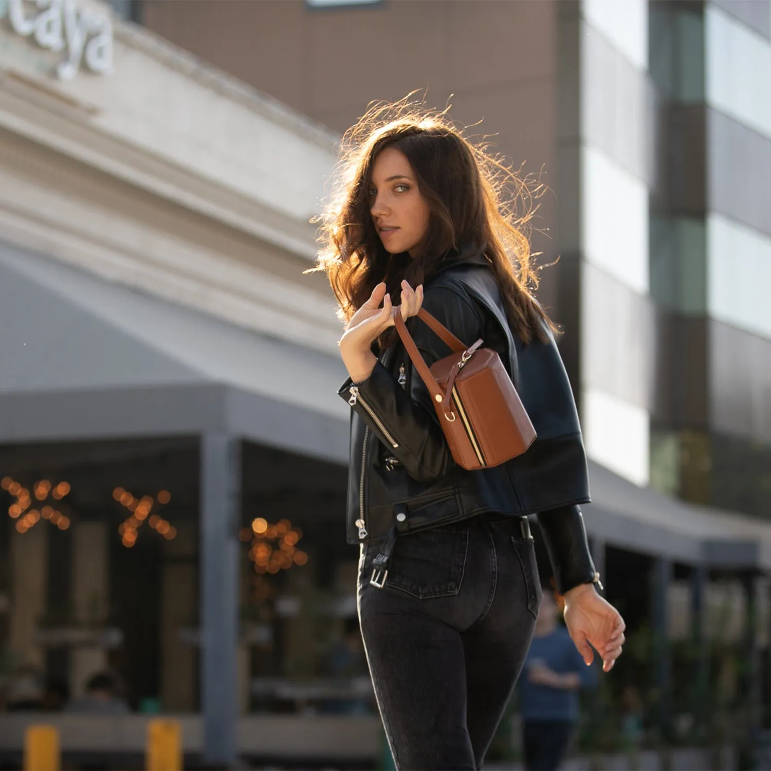 Harper Amber Brown Leather Bucket Bag