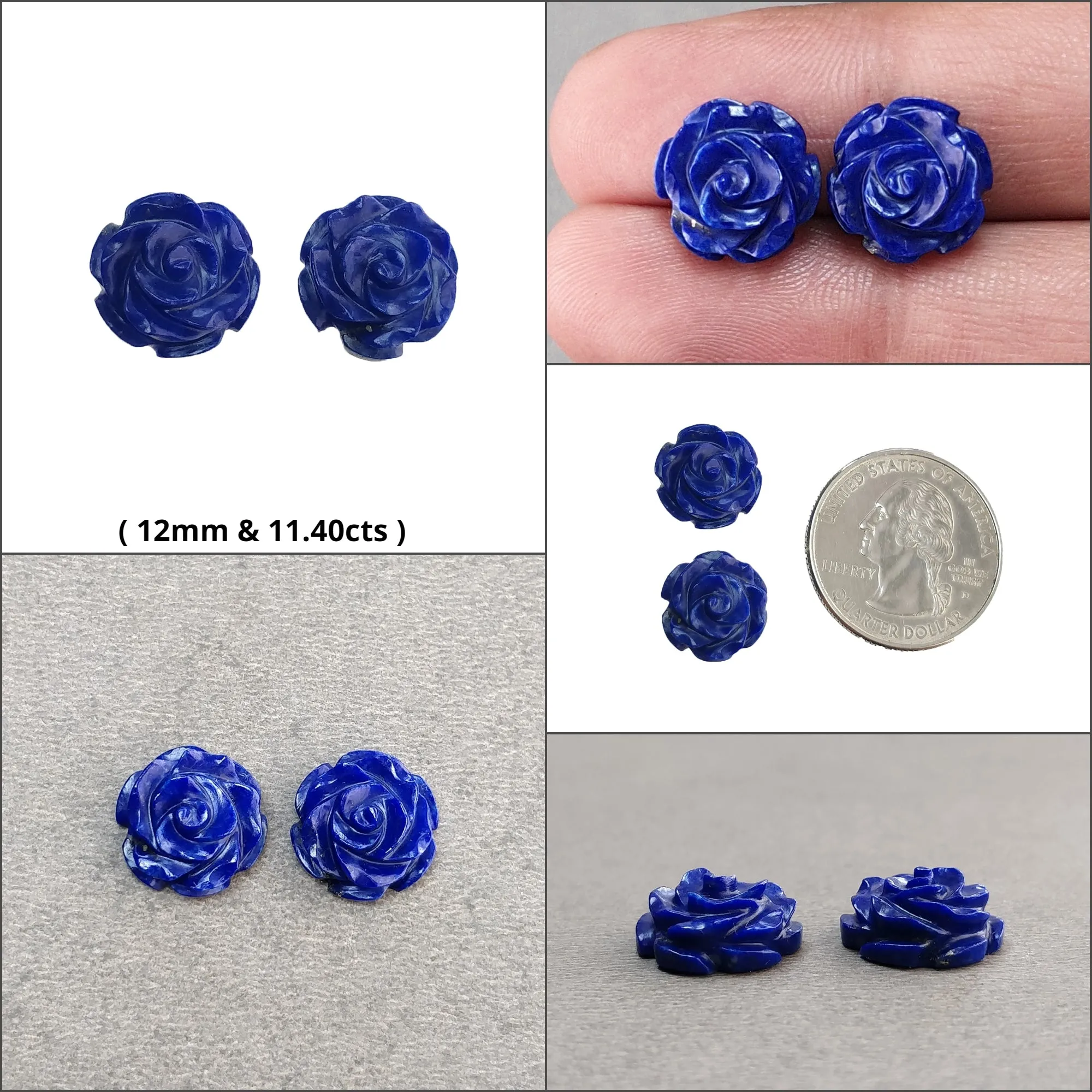 Howlite, Moonstone, Jasper & Lapis Lazuli Gemstone Carving : Natural Round Shape Hand Carved Rose Flower Pairs