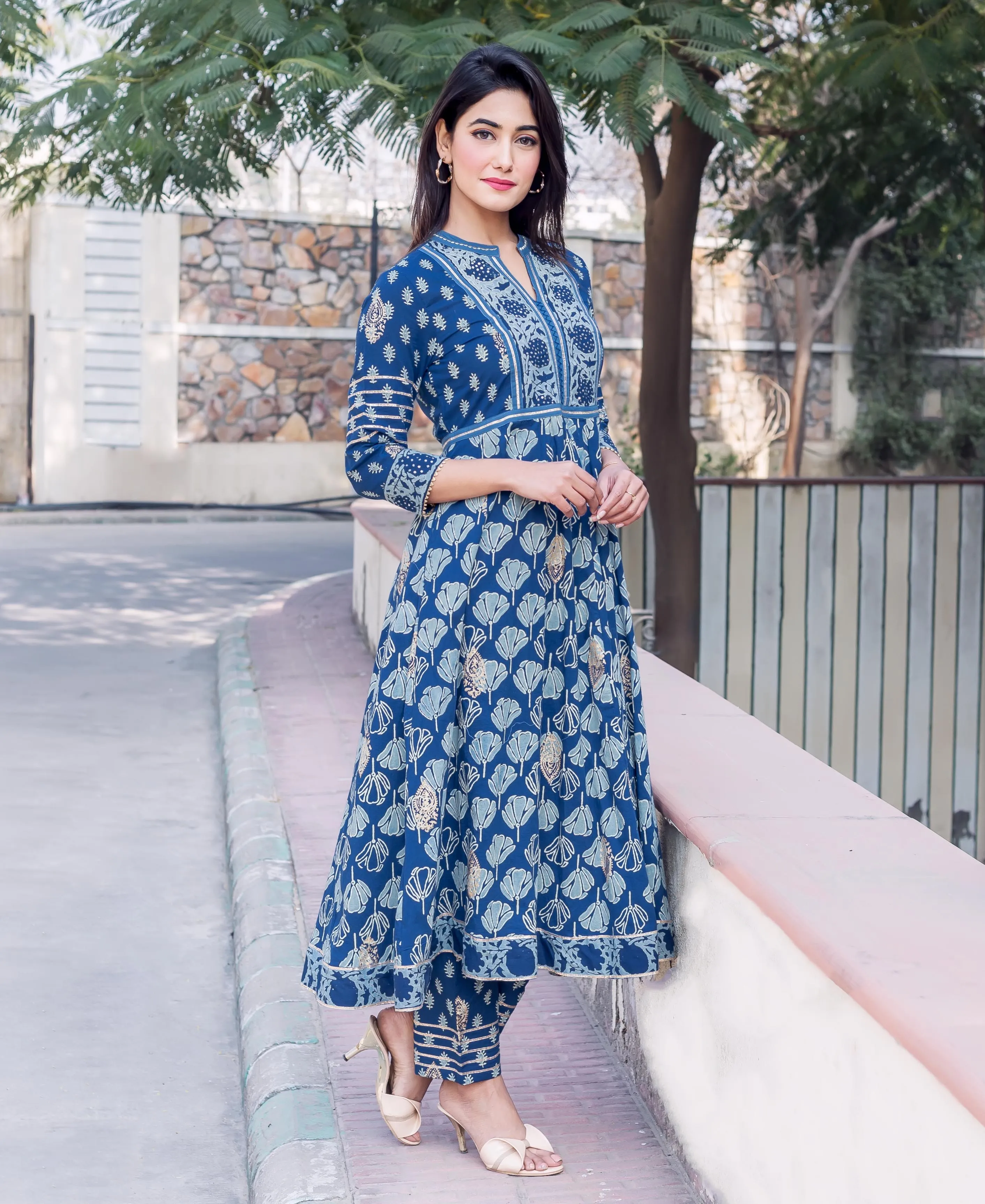 Indigo and Gold Printed Embroidered Anarkali Kurta