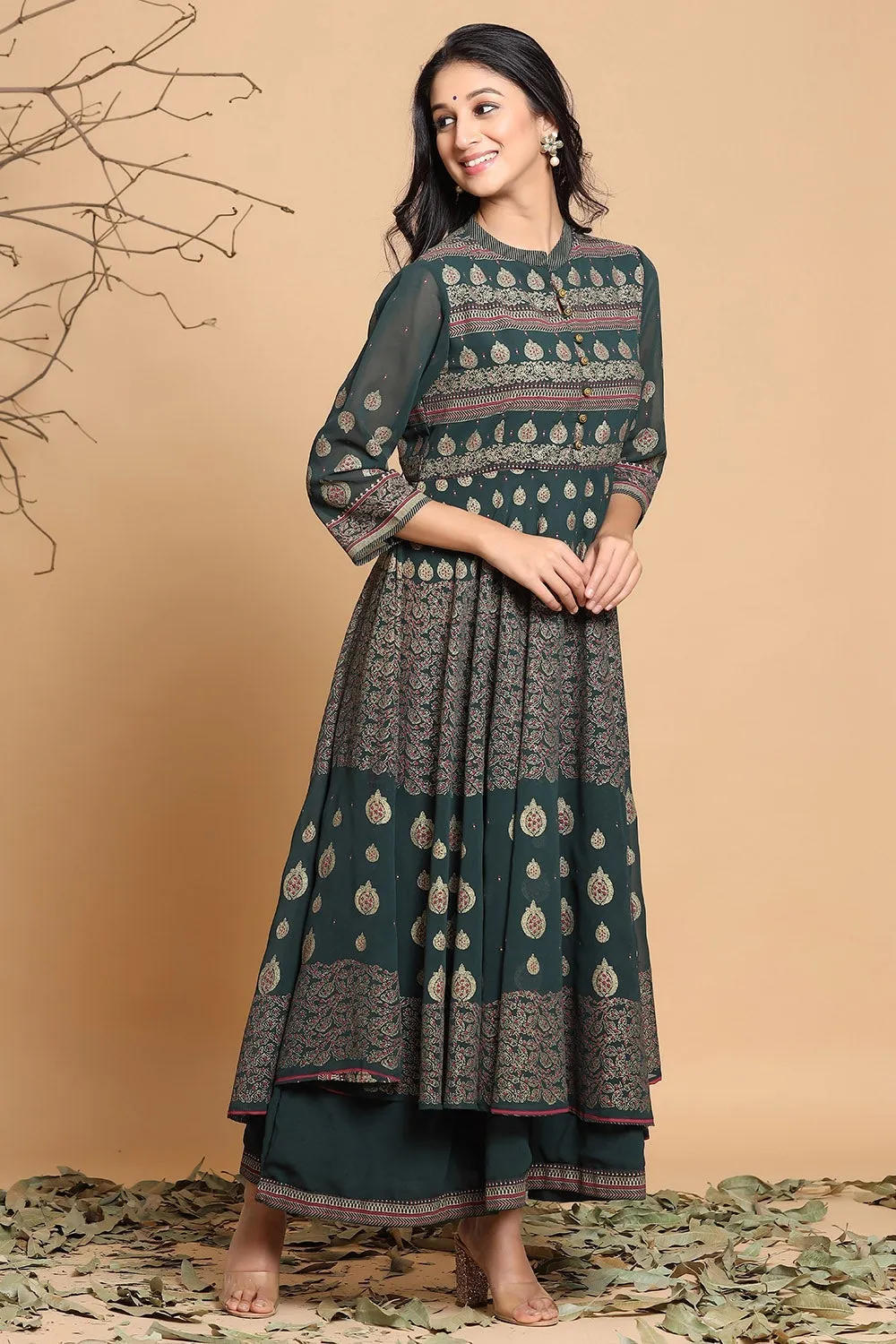 Juniper Jade Green Ethnic Motif Printed Georgette Layered Maxi Dress