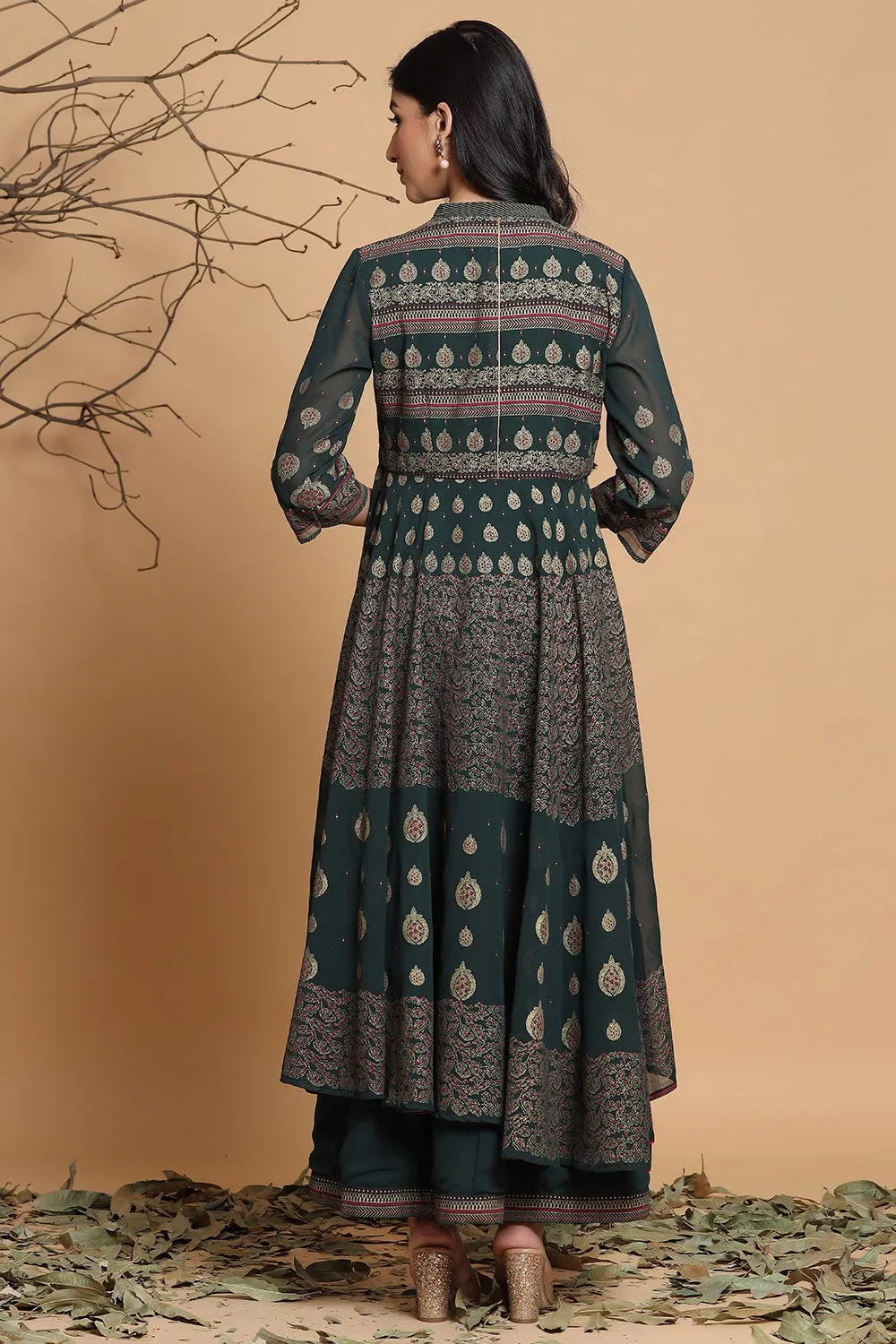 Juniper Jade Green Ethnic Motif Printed Georgette Layered Maxi Dress