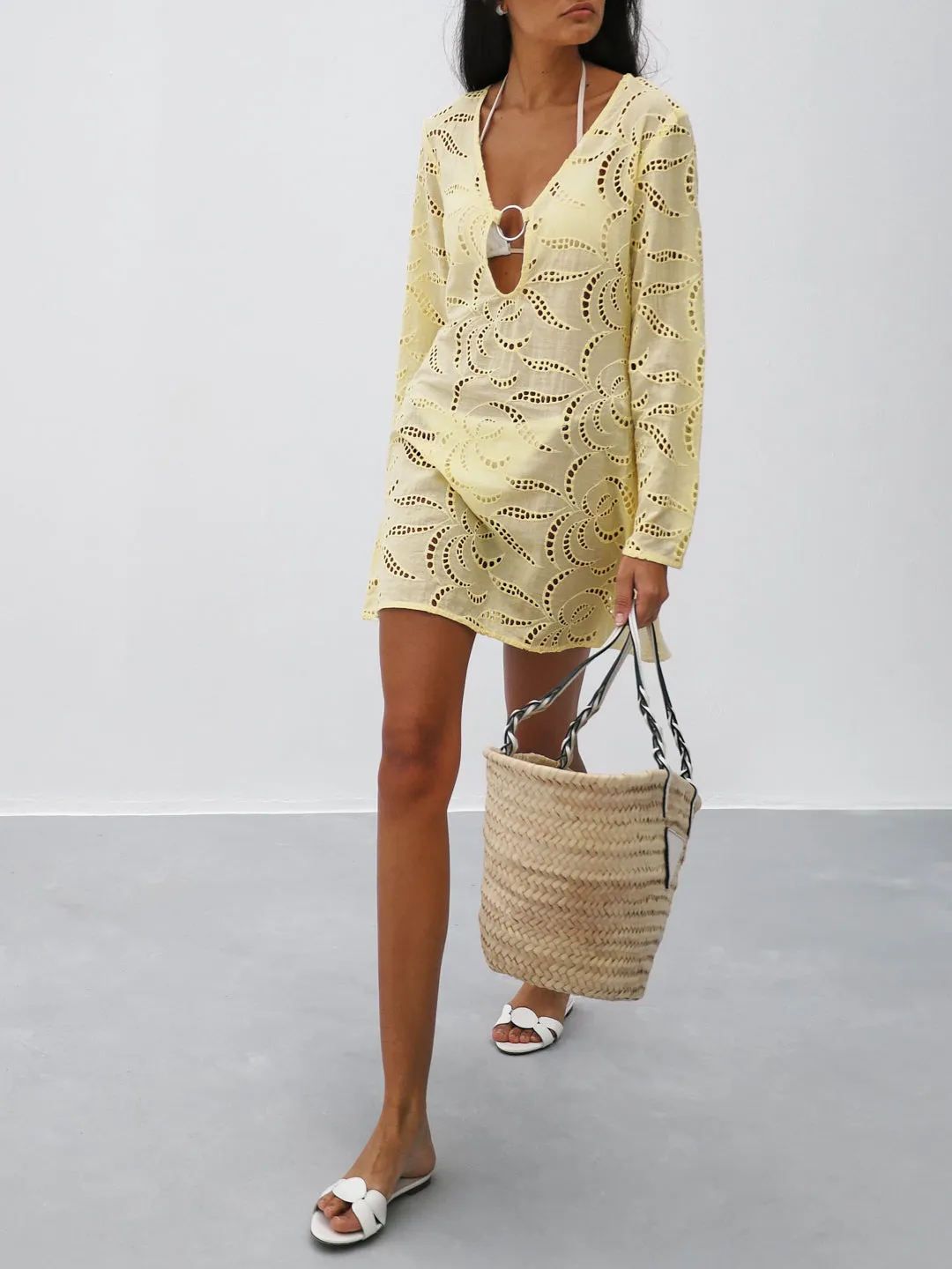 Kendra Cotton Cutwork Cover Up Dress | Lemon