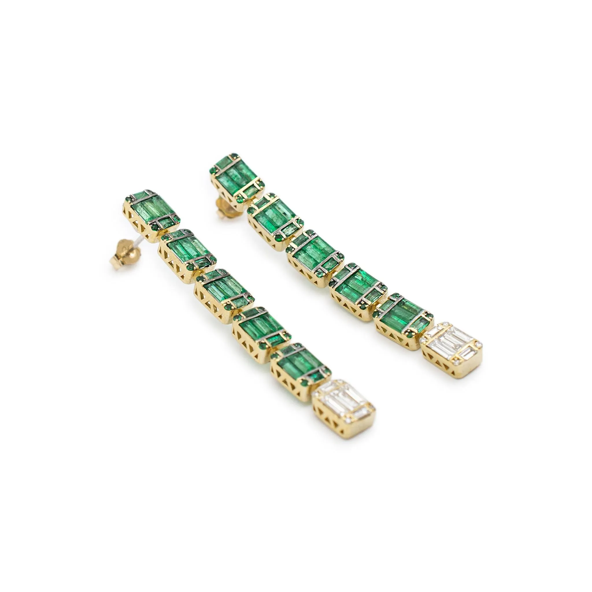 Ladies 10K Yellow Gold Emeralds & Diamonds Dangle Drop Earrings