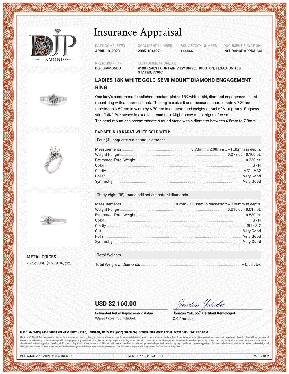 Ladies 18K White Gold Semi Mount Diamond Engagement Ring