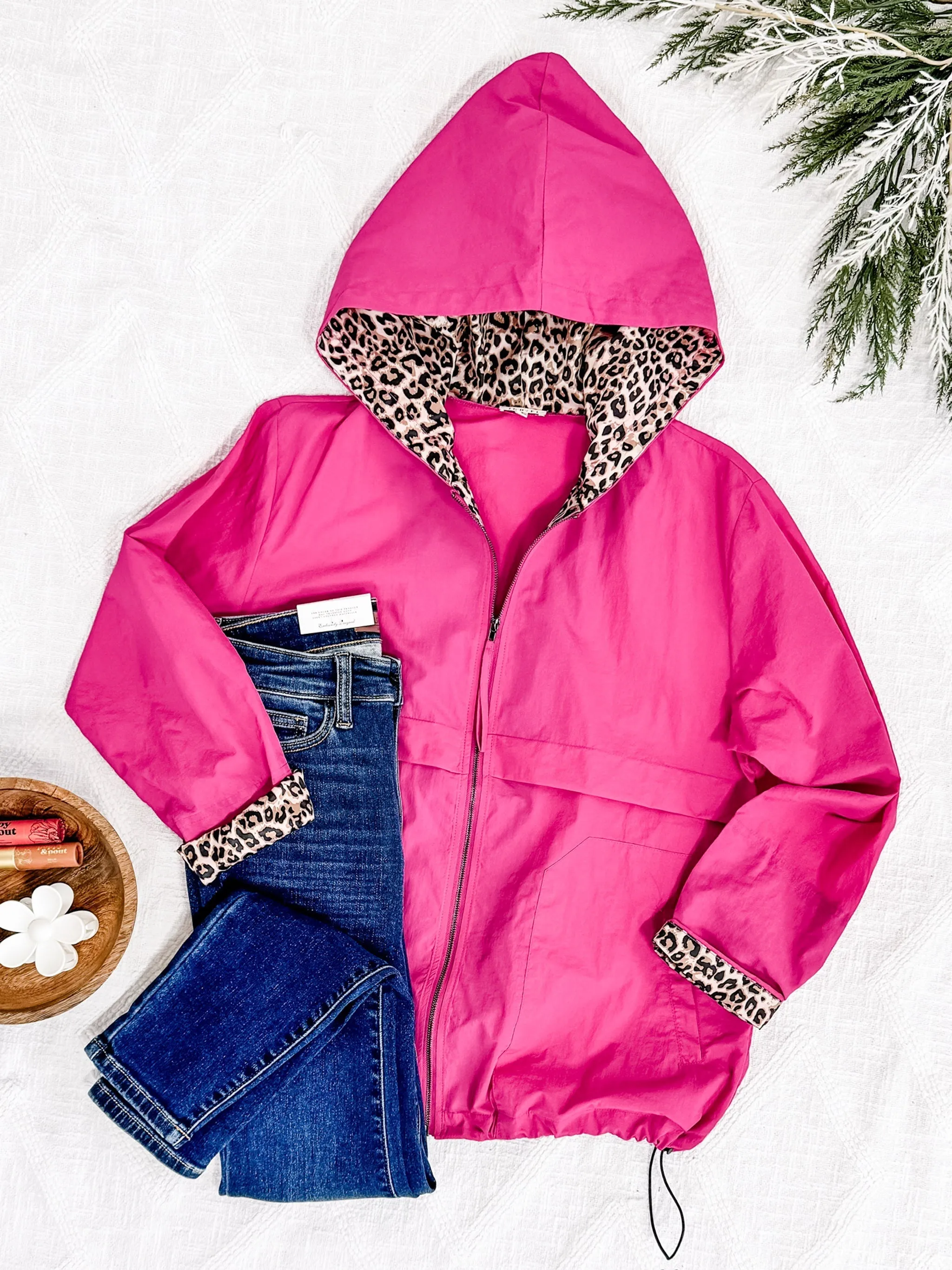 Lightweight Hooded Jacket With Animal Print Detail In Hot Pink