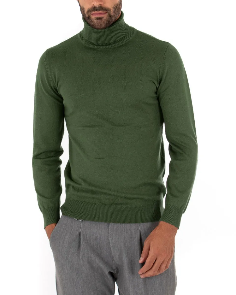 Maglioncino Uomo Maglia Maniche Lunghe Collo Alto Elastico Tinta Unita Verde Militare GIOSAL-M2551A