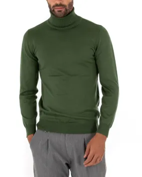 Maglioncino Uomo Maglia Maniche Lunghe Collo Alto Elastico Tinta Unita Verde Militare GIOSAL-M2551A