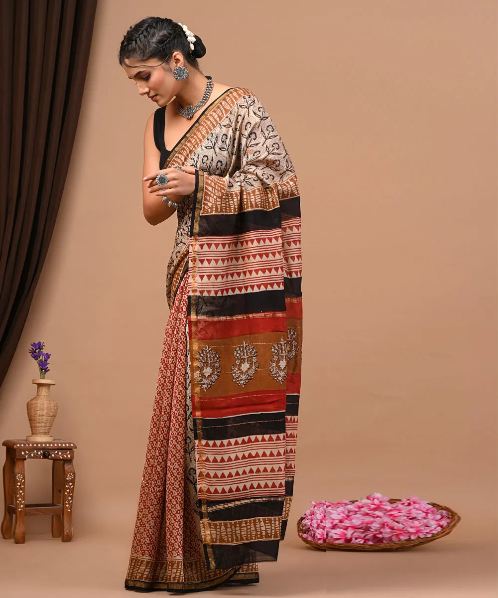 Maroon black cotton silk hand block printed bagru print saree