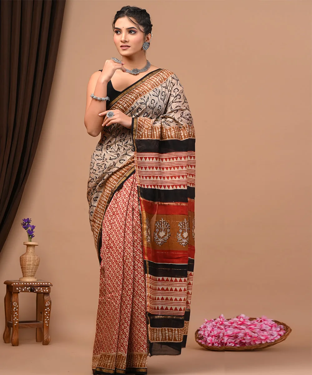 Maroon black cotton silk hand block printed bagru print saree