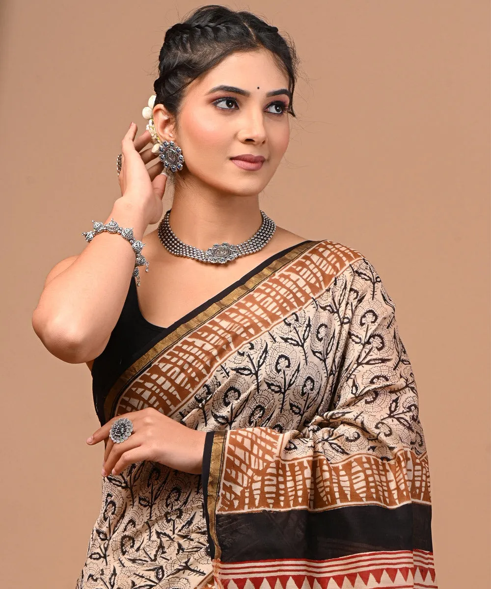 Maroon black cotton silk hand block printed bagru print saree