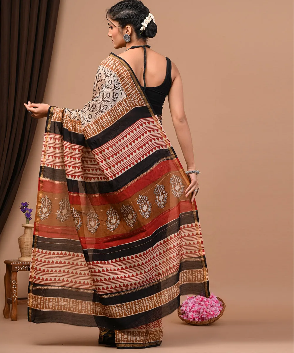 Maroon black cotton silk hand block printed bagru print saree