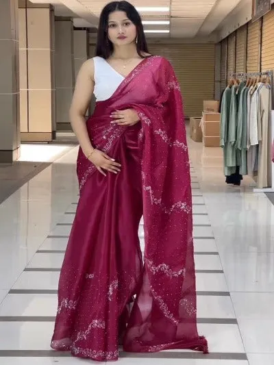 Maroon Jimmy Choo Hot Fix Work Designer Partywear Saree