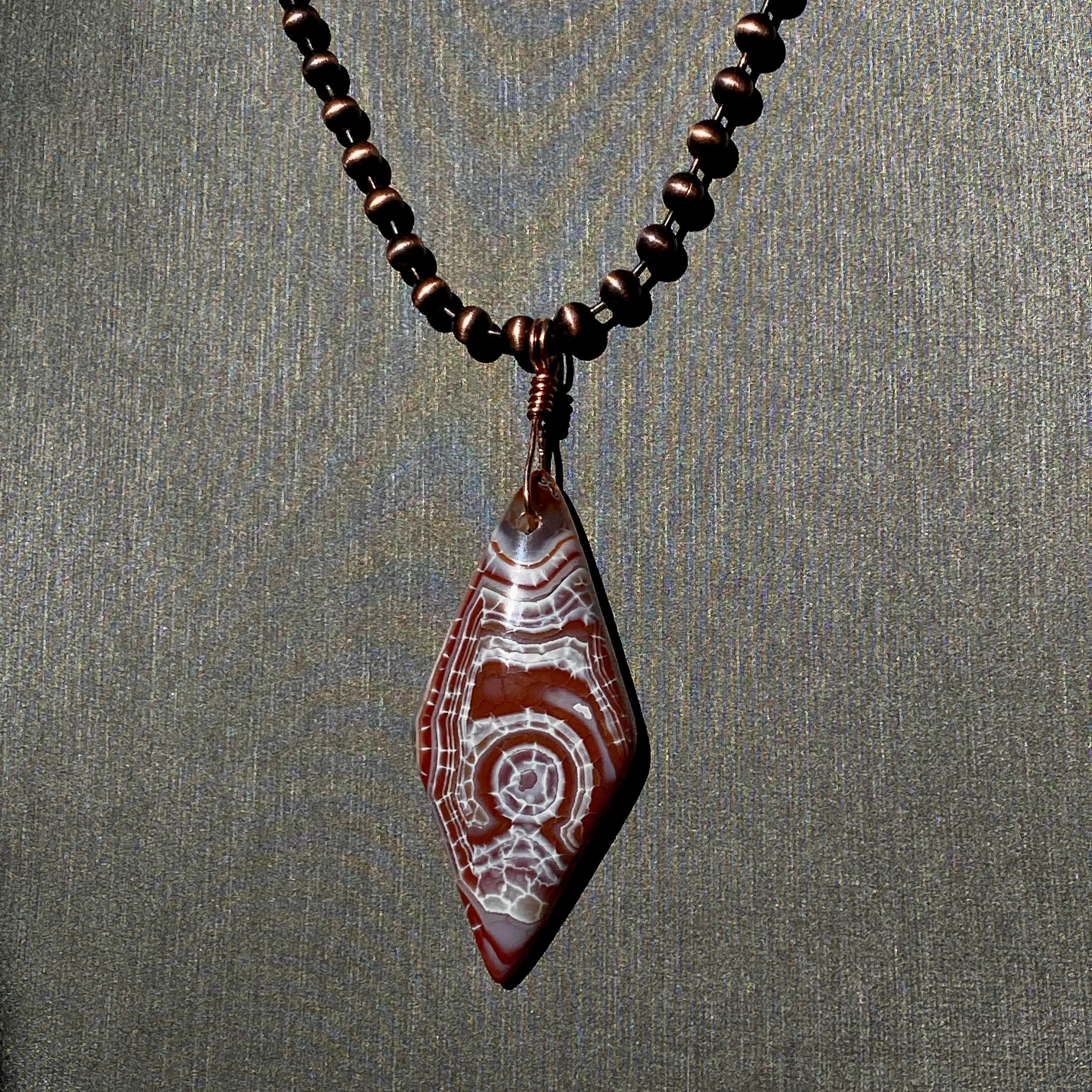 Men’s Dragon’s Vein Agate Rhombus Pendant, Hand Wrapped on Copper Chain